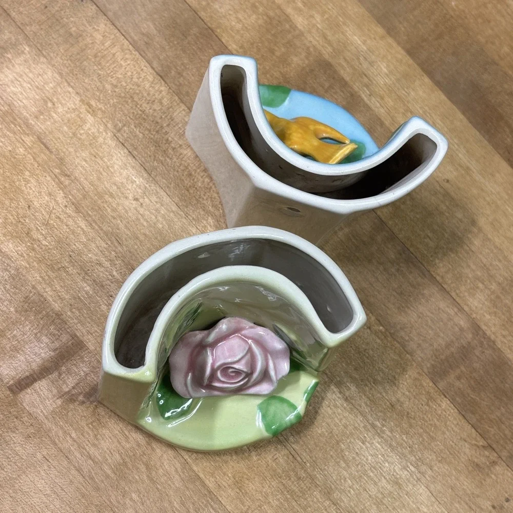 Vintage MCM Ceramic Corner Wall Pocket Planters Rose Bird 1940s 1950s Pair